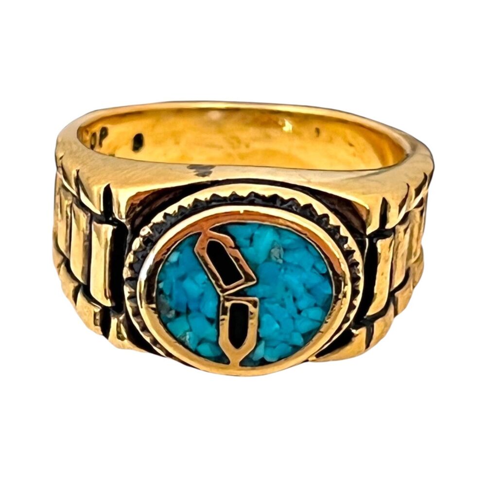Vintage 1980s Ring Size 10 Castings On Parade Turquoise Inlay Gold Plated - 14W